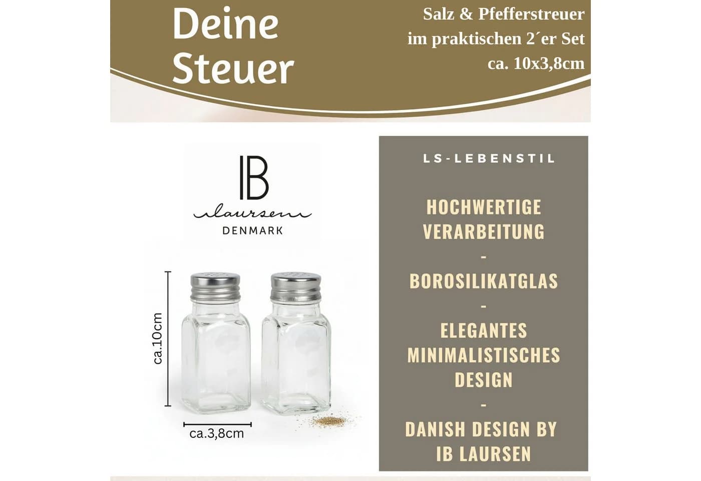 LS-LebenStil Salz- / Pfefferstreuer Set Glas Edelstahl Silber Transparent