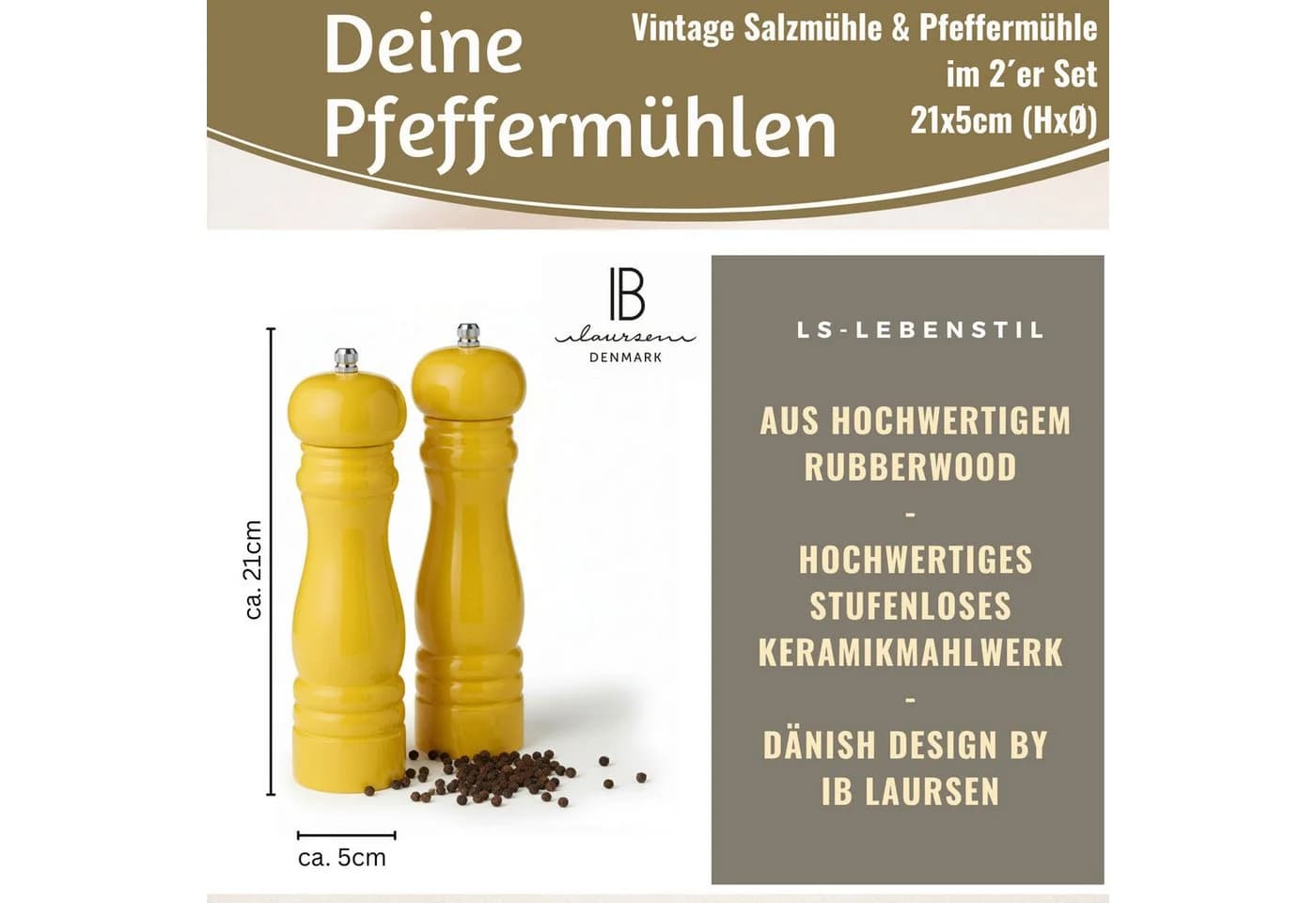 LS-LebenStil Salz- & Pfeffermühle Set Gelb Rubberwood Keramikmahlwerk