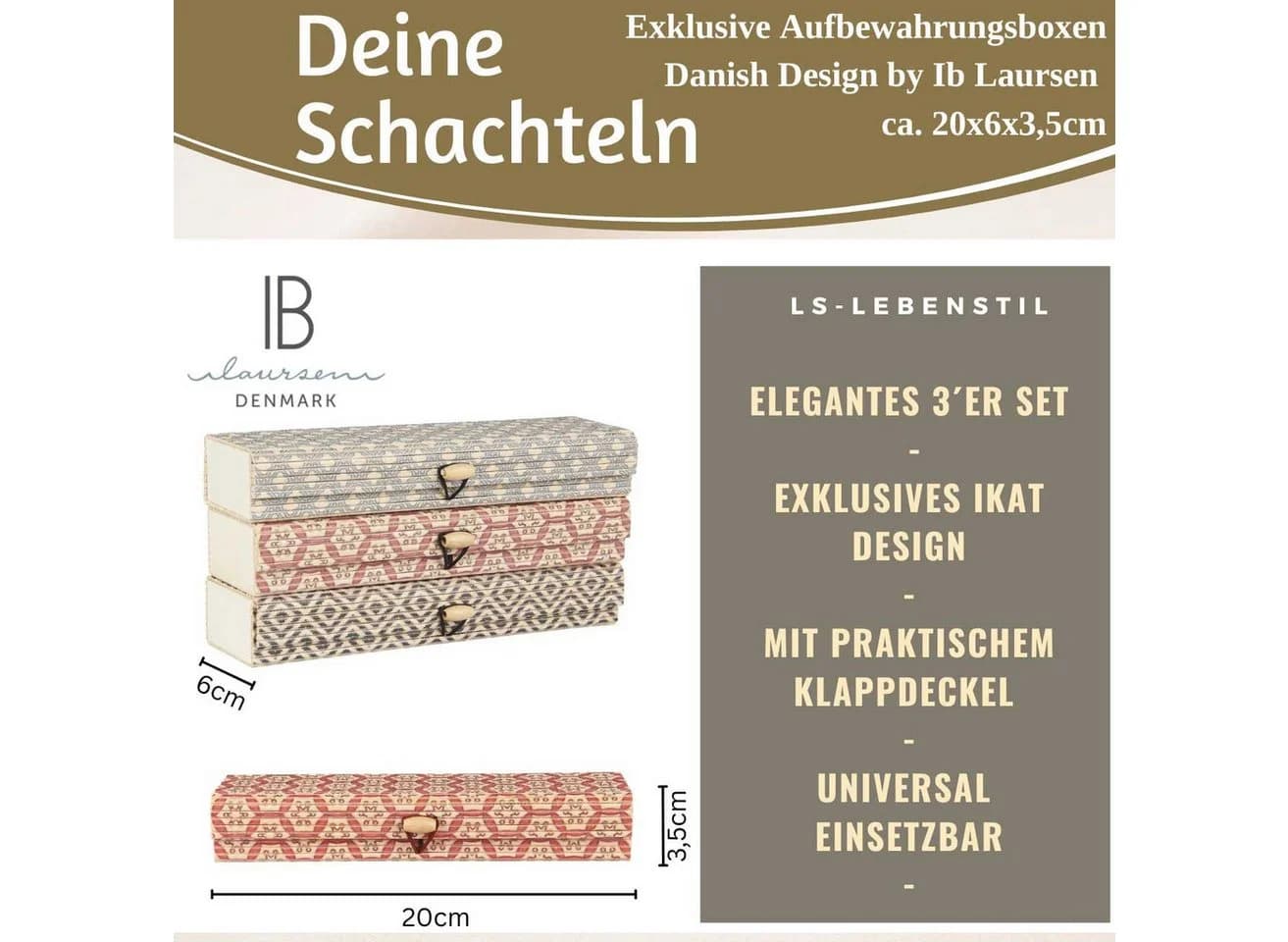 LS-LebenStil Aufbewahrungsbox Vintage Holz 3er Set Bambus Ikat Design