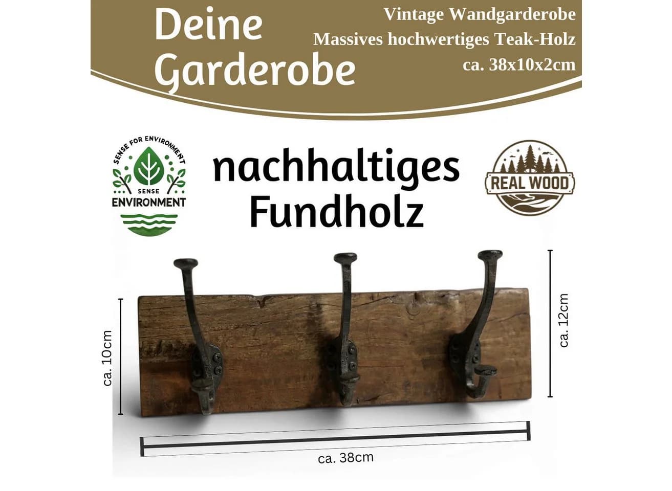 LS-LebenStil Wandgarderobe Vintage Teak Holz 6 Haken Braun