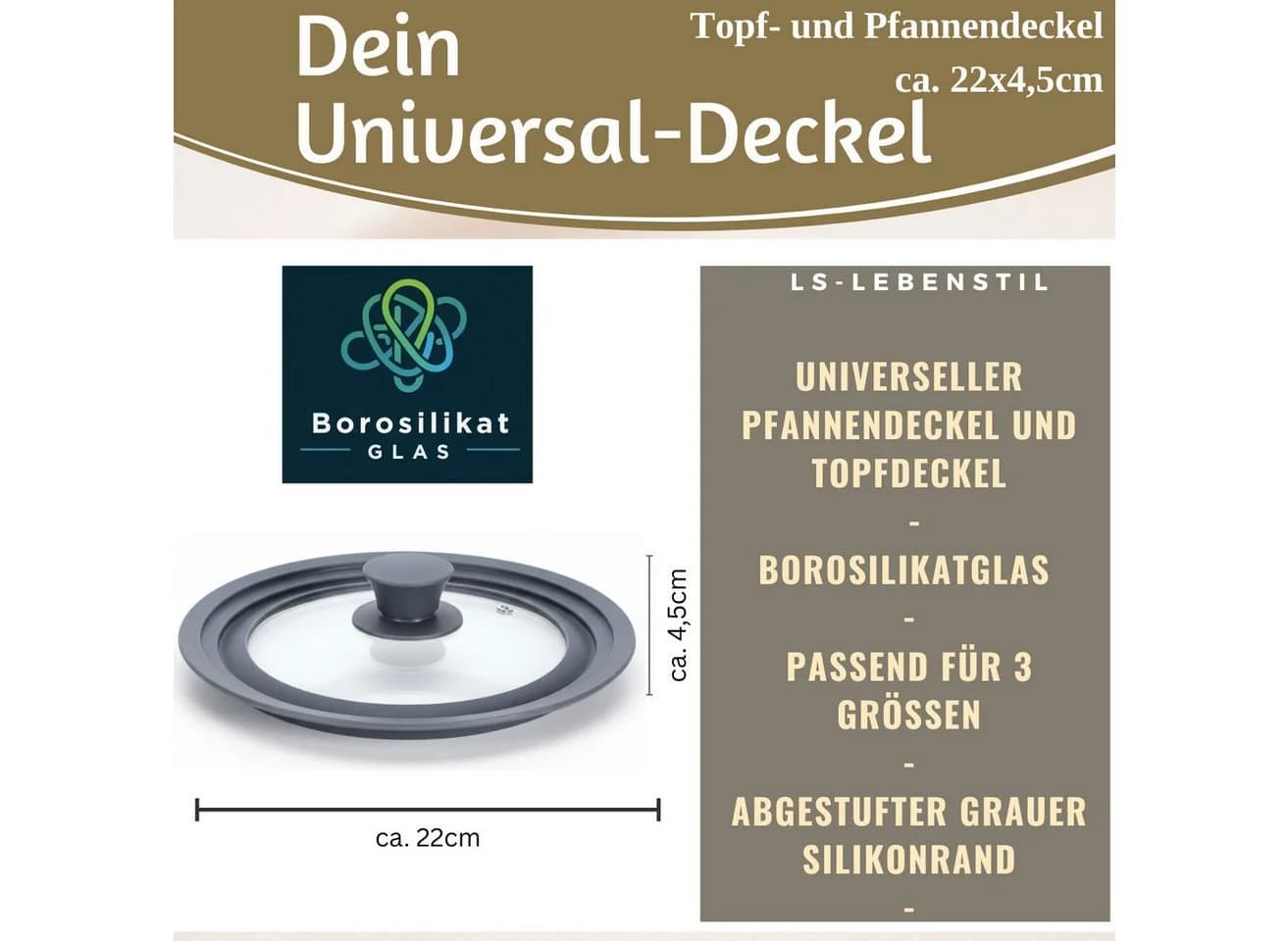 LS-LebenStil Universal Topfdeckel Glas mit Silikonrand