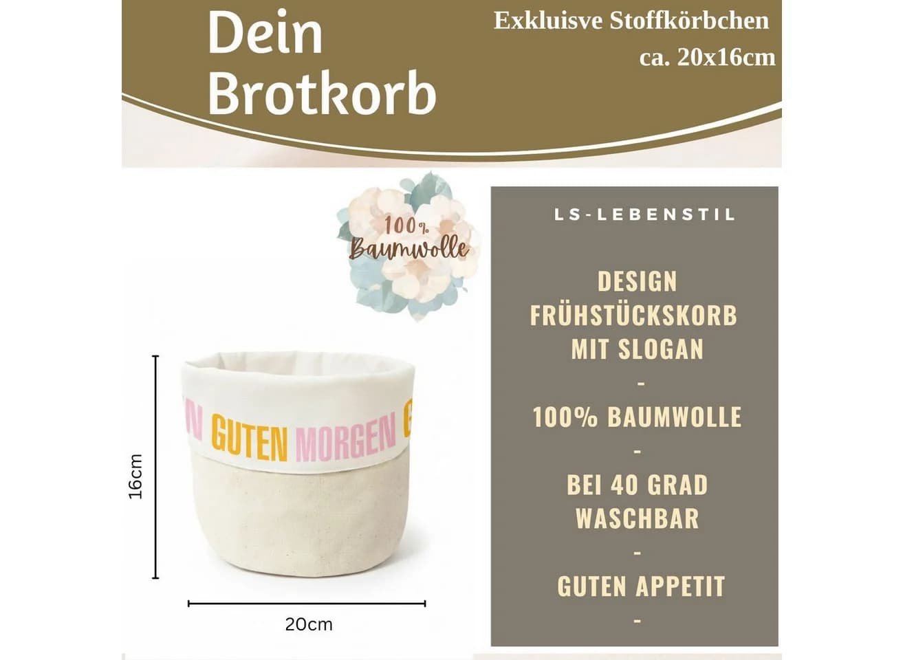 LS-LebenStil Brotkorb Baumwolle Creme-Weiß mit Slogan