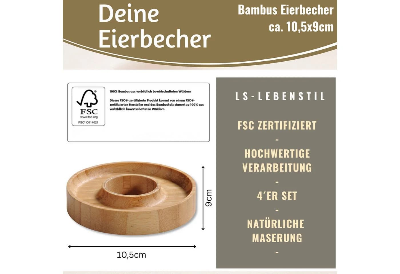 LS-LebenStil Eierbecher 4er Set Bambus Braun Natürliche Optik