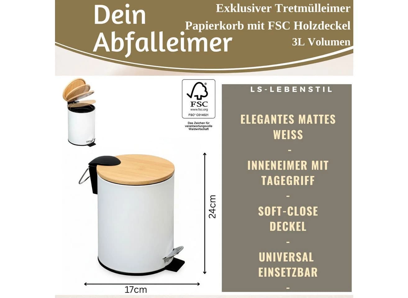 LS-LebenStil Tretmülleimer 3L Soft Close Weiß Matt Rund