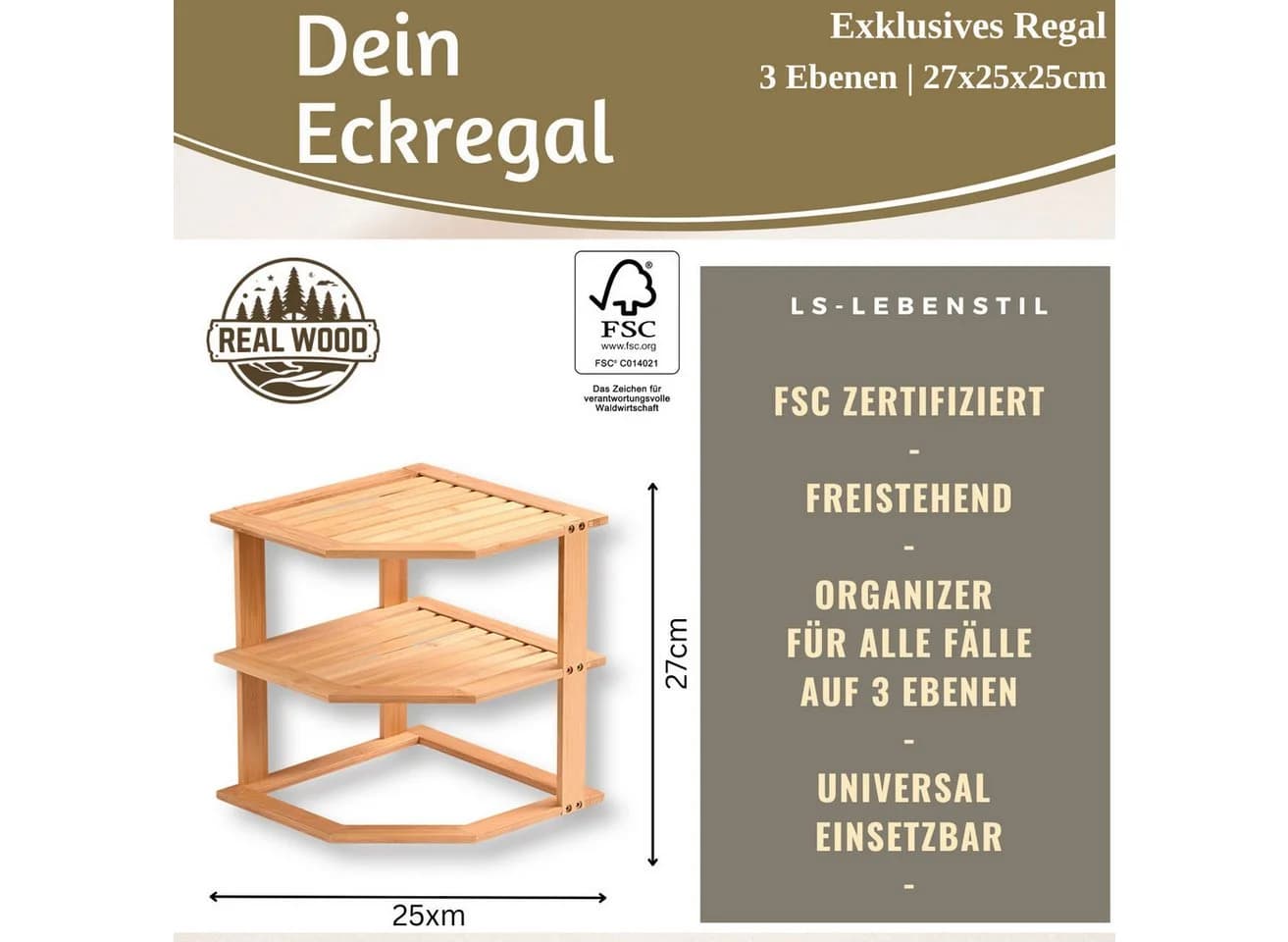 LS-LebenStil Eckregal Braun Holz Modern 3 Ablagen