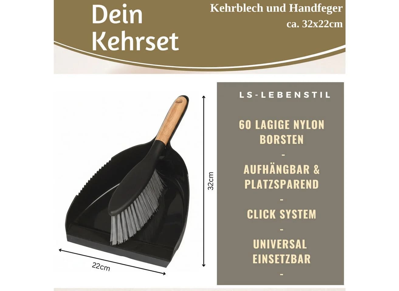 LS-LebenStil Kehrgarnitur Schwarz mit Click-System und Bambus-Griff