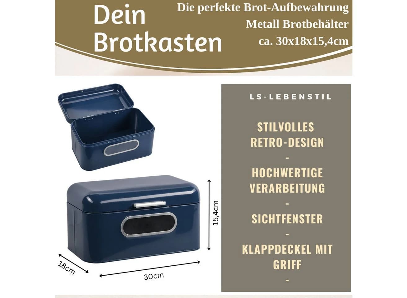 LS-LebenStil Brotkasten Vintage Retro Blau Metall mit Holzgriff
