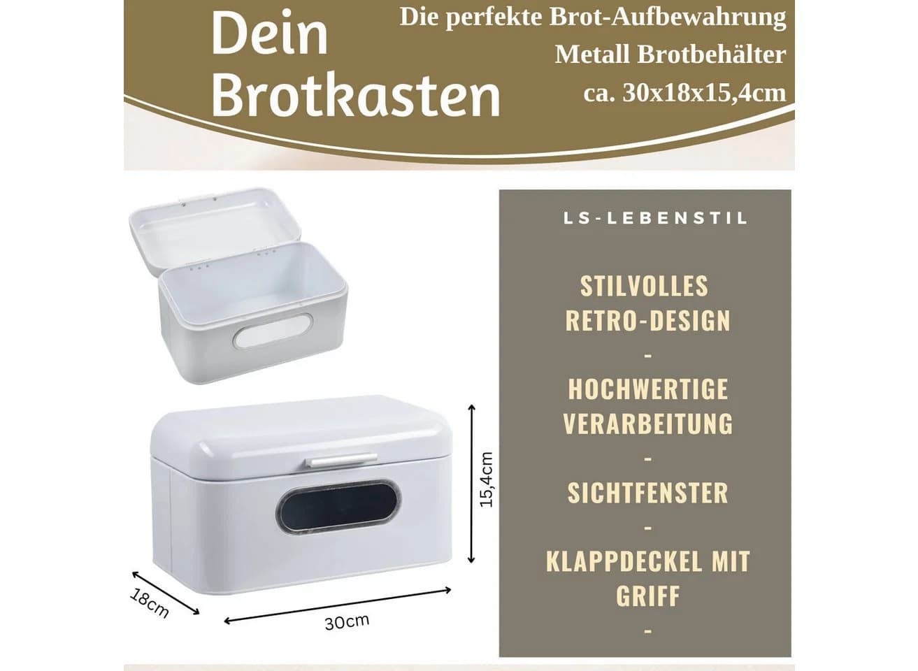 LS-LebenStil Brotkasten Vintage Weiß Metall mit Holzgriff