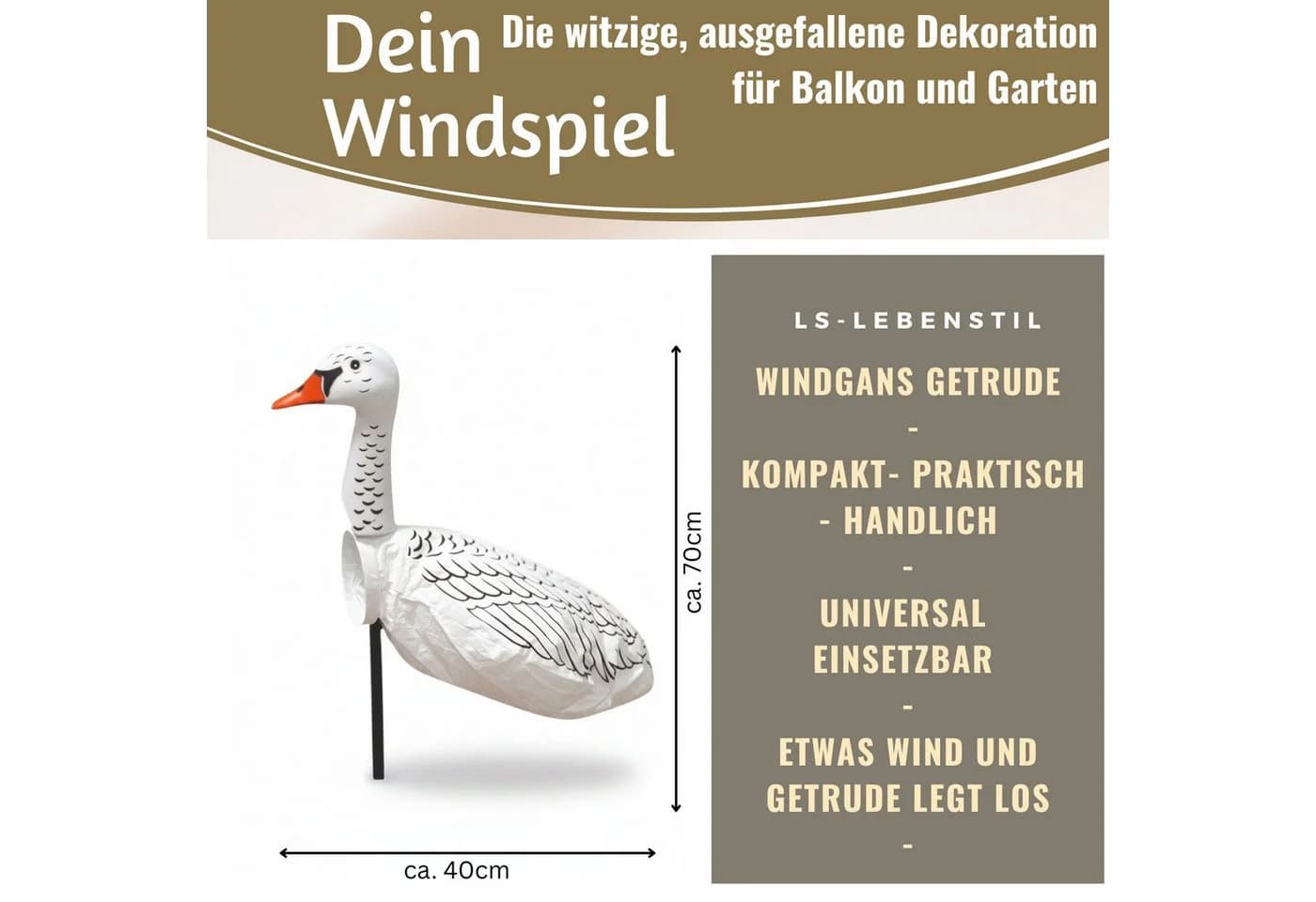 LS-LebenStil Windspiel Windgans Gertrude Wetterfeste Gartendeko