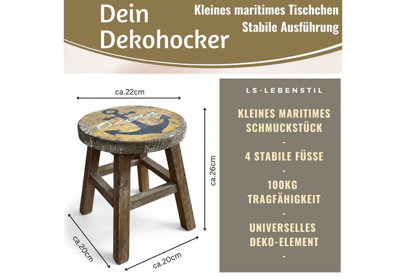 LS-LebenStil Blumenhocker Holz Maritim Ocean Deko Hocker Braun Gelb