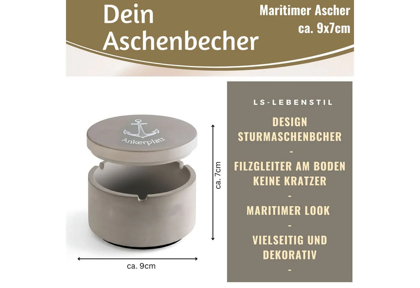 LS-LebenStil Windaschenbecher Grau mit Deckel Anker-Motiv Keramik