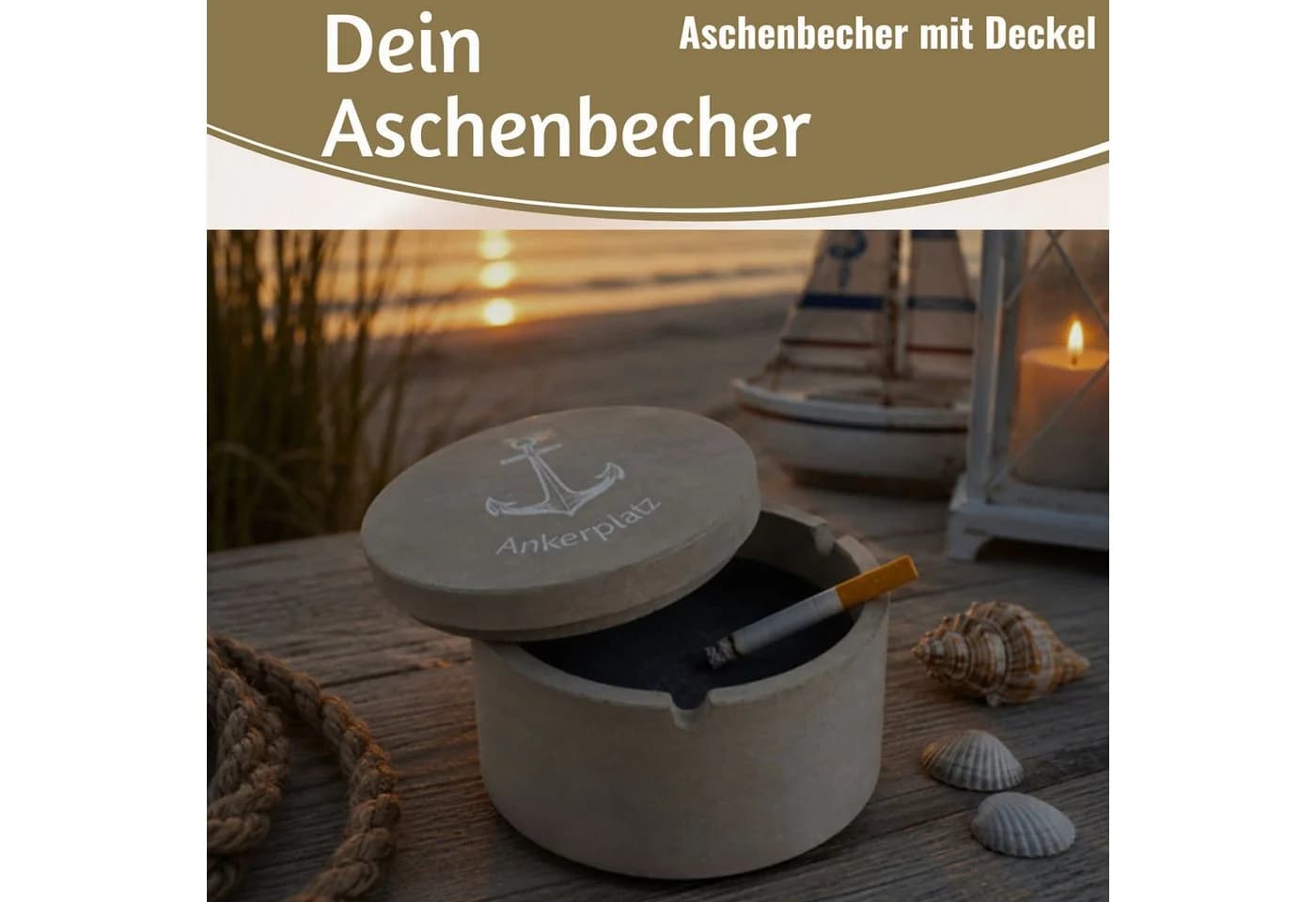 LS-LebenStil Windaschenbecher Grau mit Deckel Anker-Motiv Keramik - Bild 3