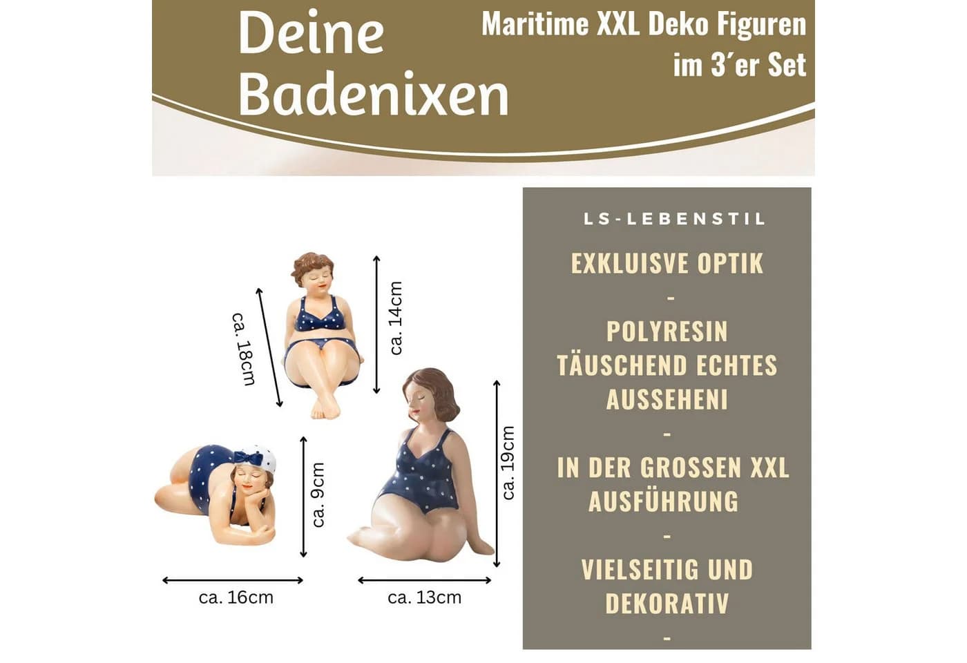 LS-LebenStil Dekofigur Set 3x Badenixe Molly Maritim Blau/Weiß Polyresin