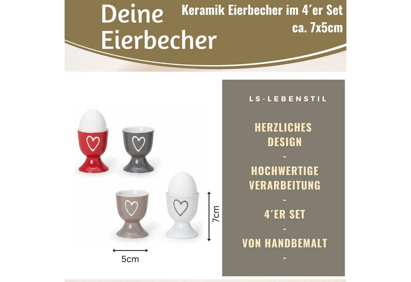 LS-LebenStil 4er Set Eierbecher Keramik Herz Weiß Grau Rot Braun