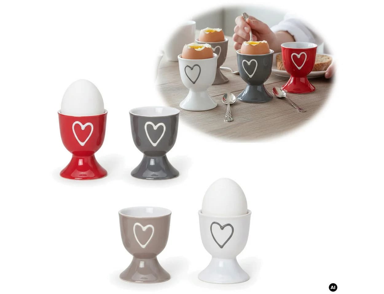 LS-LebenStil 4er Set Eierbecher Keramik Herz Weiß Grau Rot Braun - Bild 2