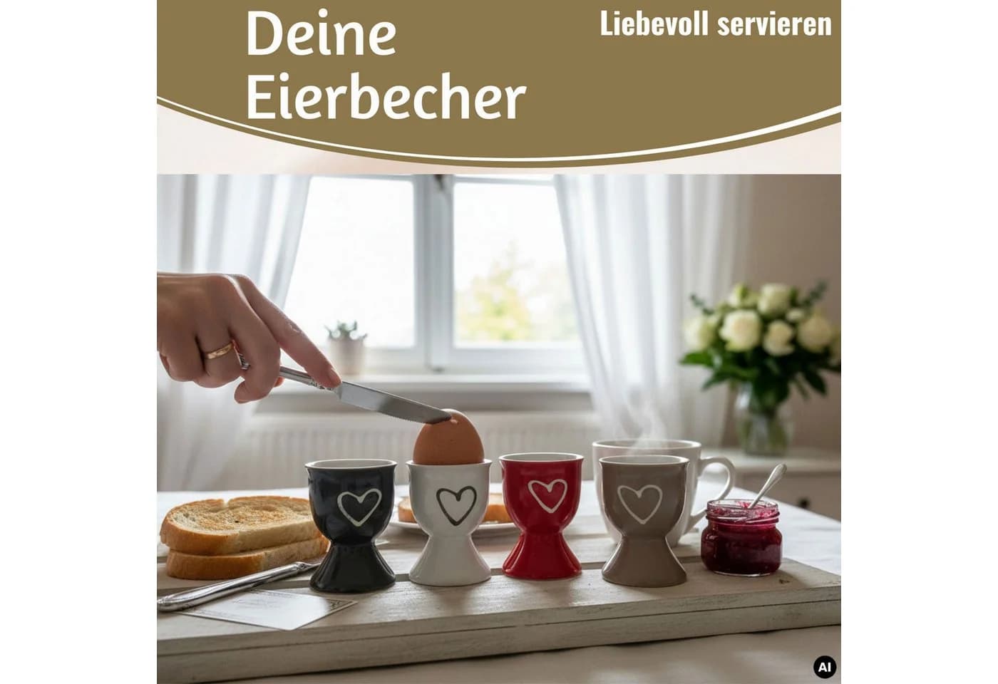 LS-LebenStil 4er Set Eierbecher Keramik Herz Weiß Grau Rot Braun - Bild 3