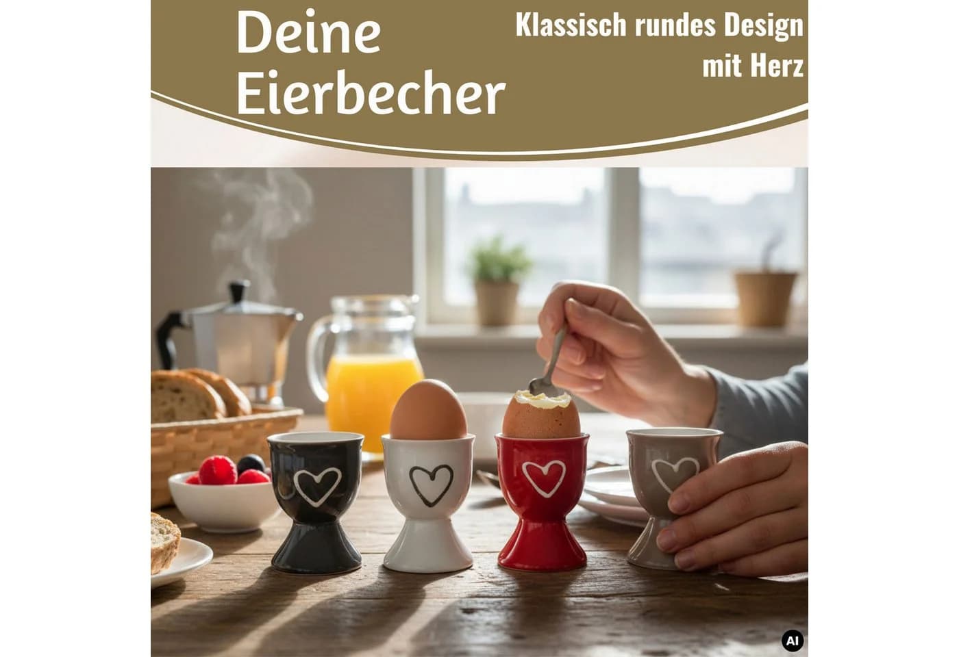 LS-LebenStil 4er Set Eierbecher Keramik Herz Weiß Grau Rot Braun - Bild 4