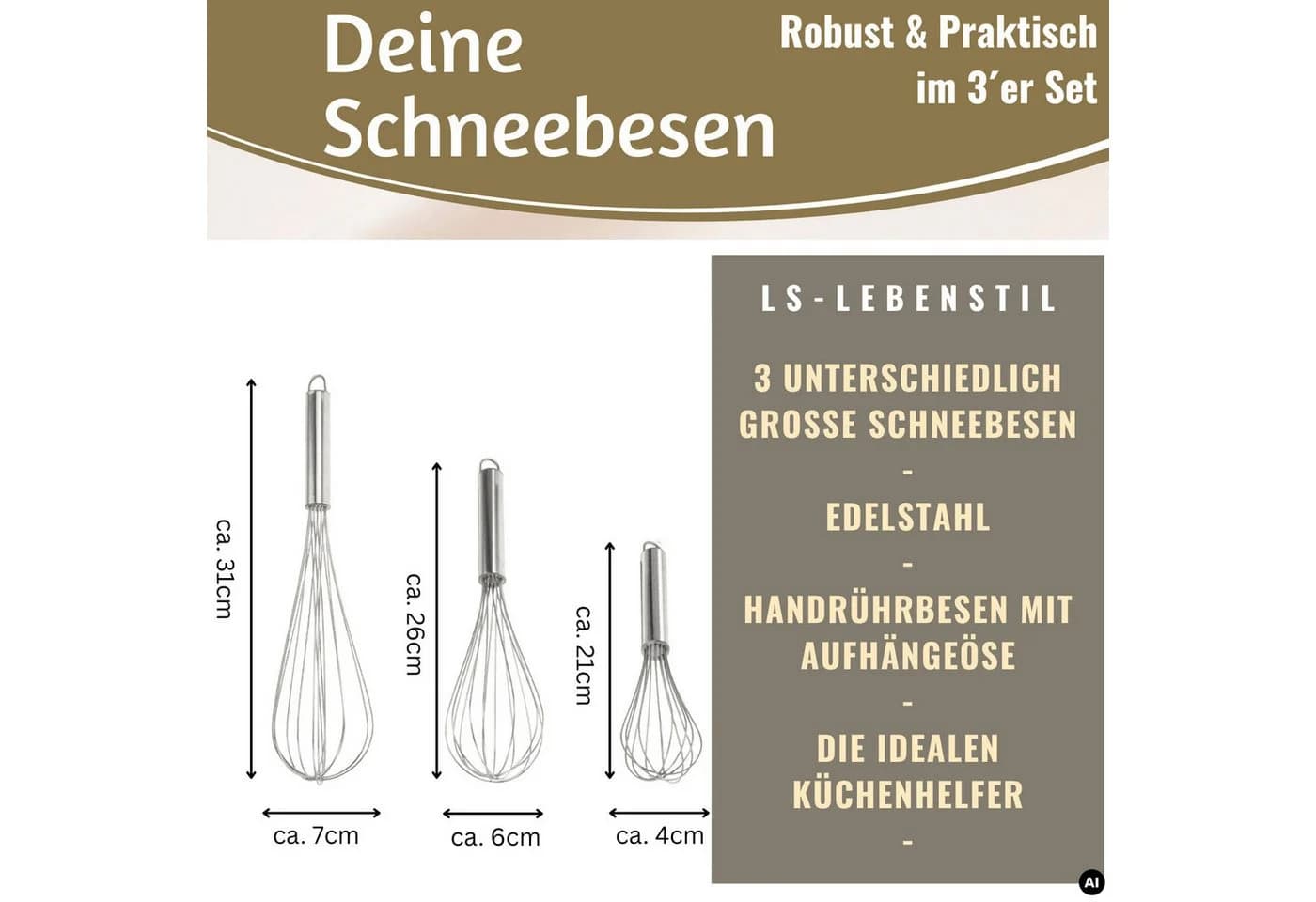 LS-LebenStil Schneebesen 3er Set Edelstahl 21-31cm Silber