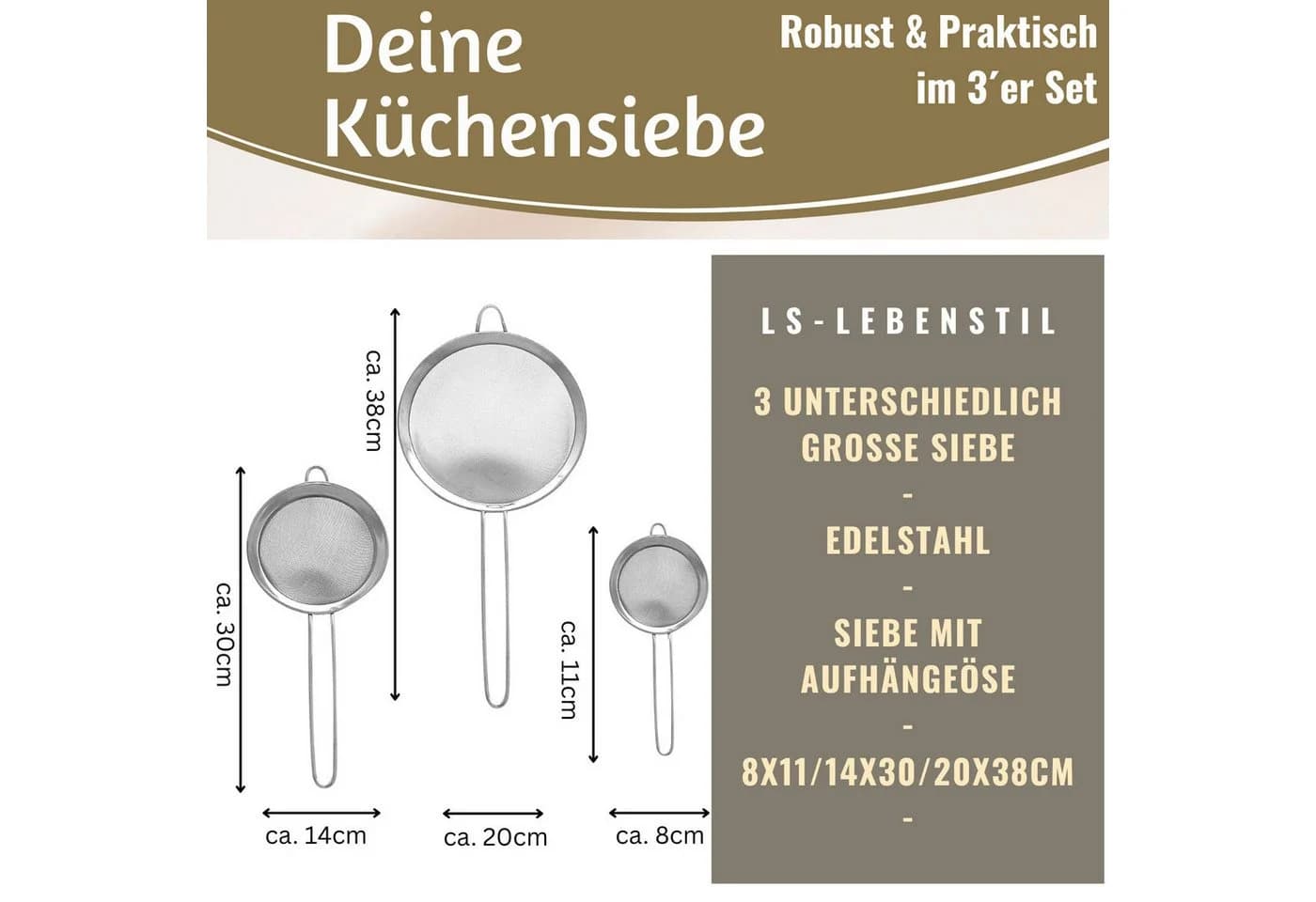 LS-LebenStil Küchensieb 3er Set Edelstahl 8-20cm mit Aufhängeöse