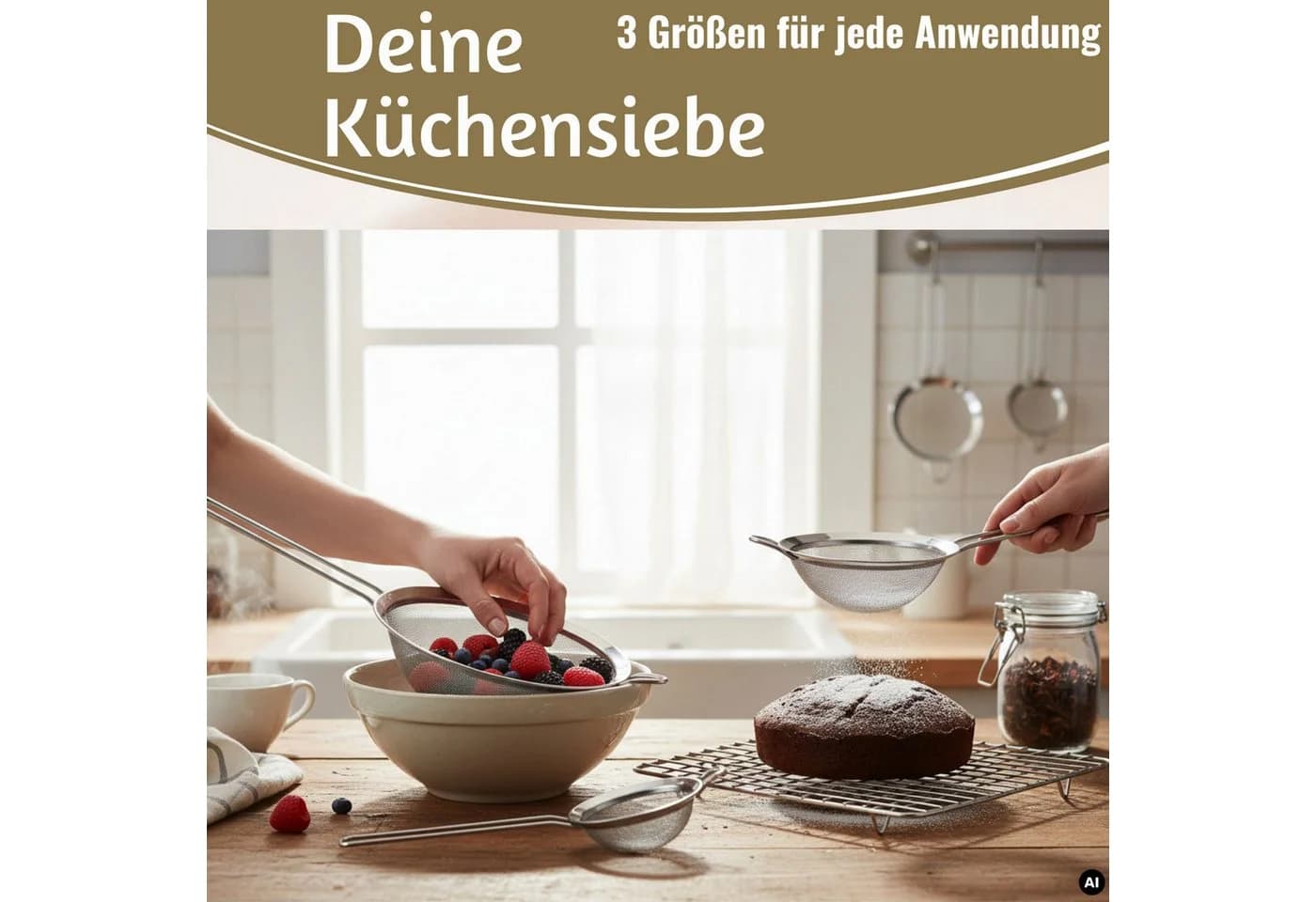LS-LebenStil Küchensieb 3er Set Edelstahl 8-20cm mit Aufhängeöse - Bild 4