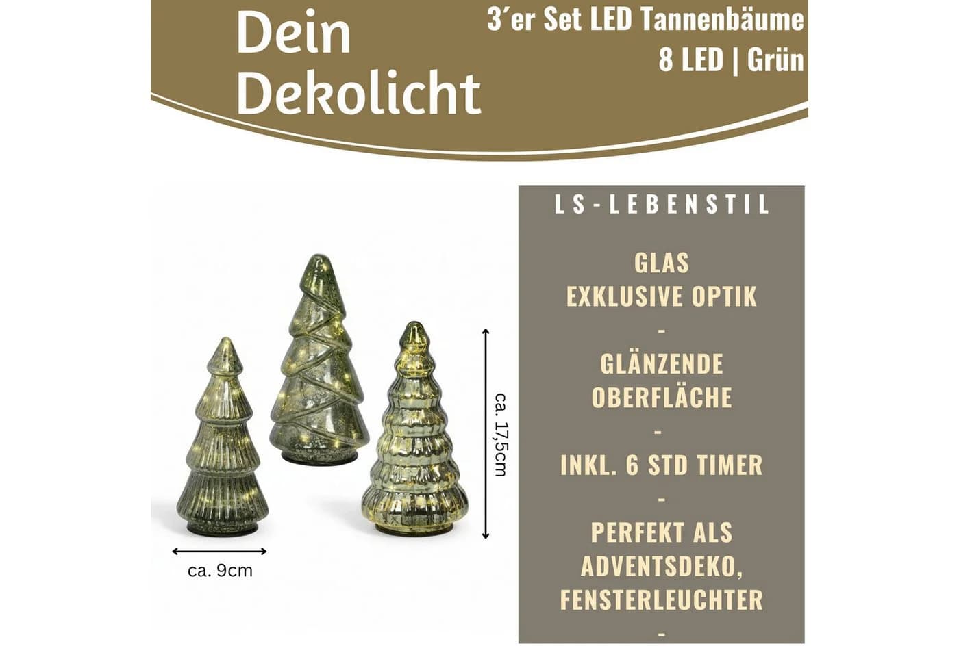 LS-LebenStil 3er Set LED Weihnachtsbäume Glas Grün mit Timer