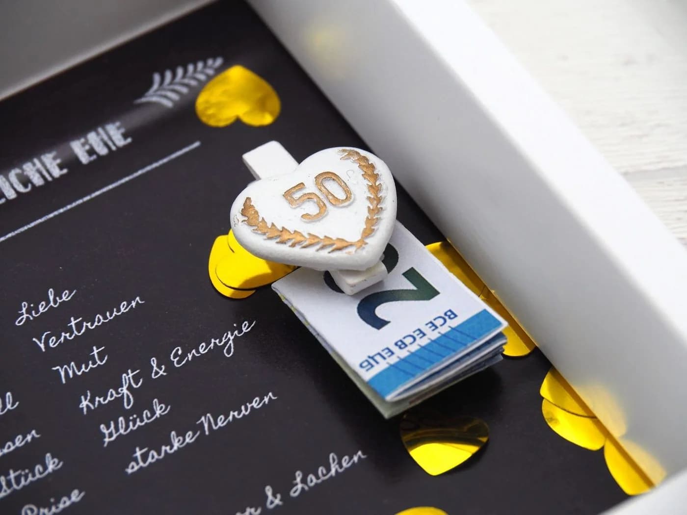 ZauberDeko Geschenkbox Geldgeschenk Goldhochzeit Weiß/Gold - Bild 4