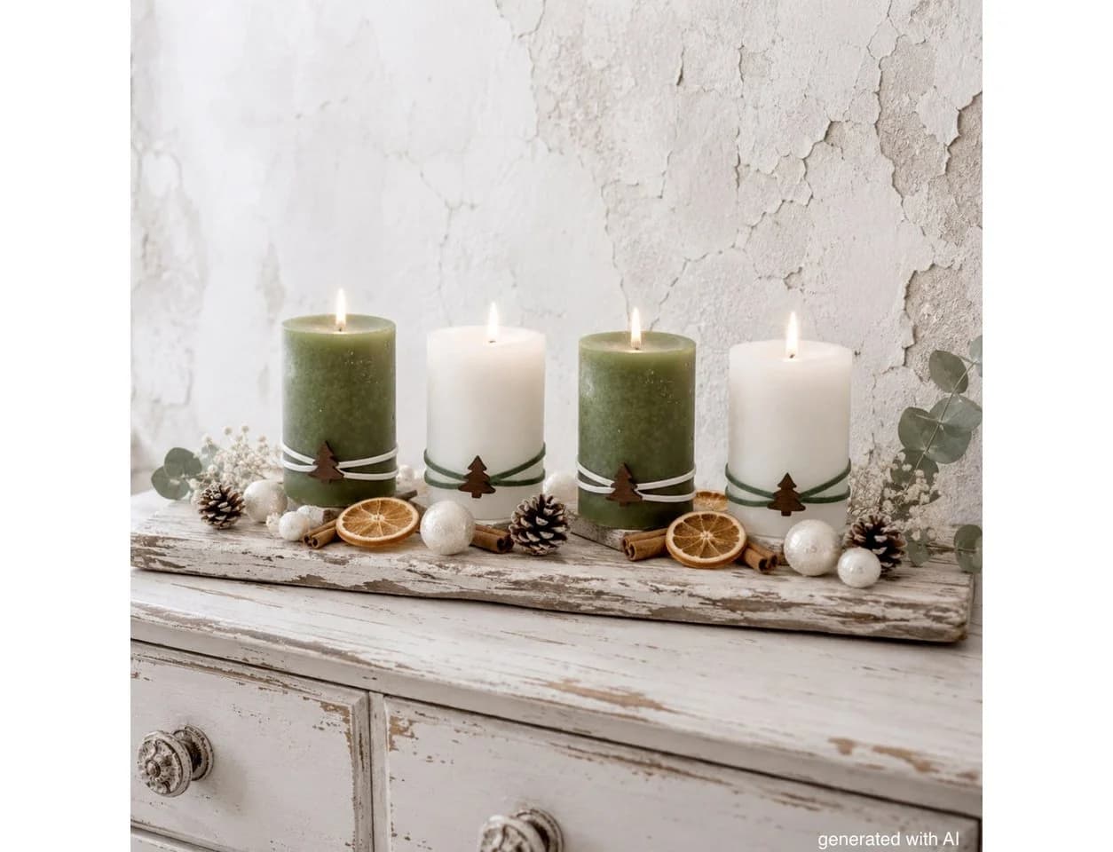 ZauberDeko Adventskerzen Stumpenkerzen Grün Creme 4 Stück mit Tannenbaum - Bild 2