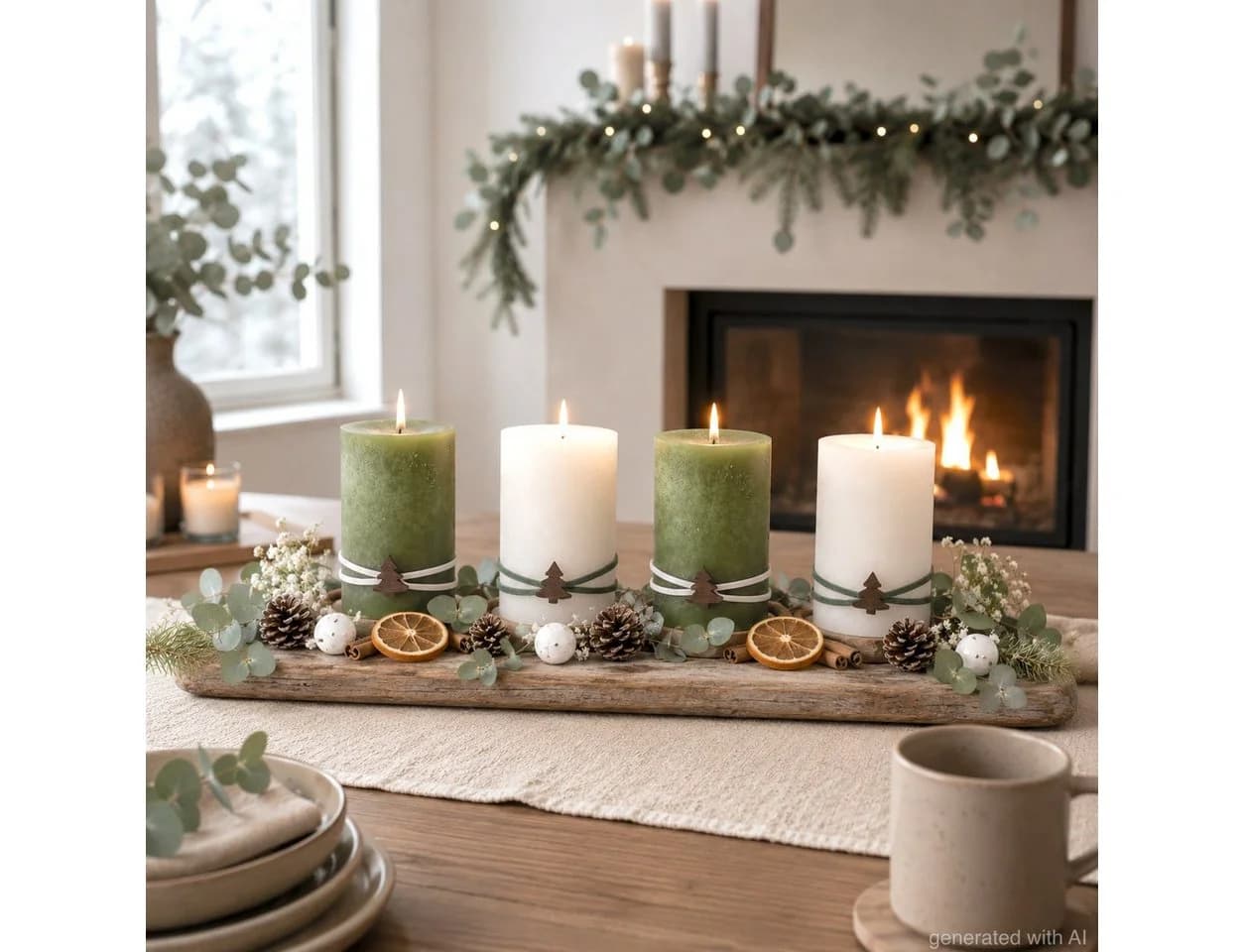 ZauberDeko Adventskerzen Stumpenkerzen Grün Creme 4 Stück mit Tannenbaum - Bild 4