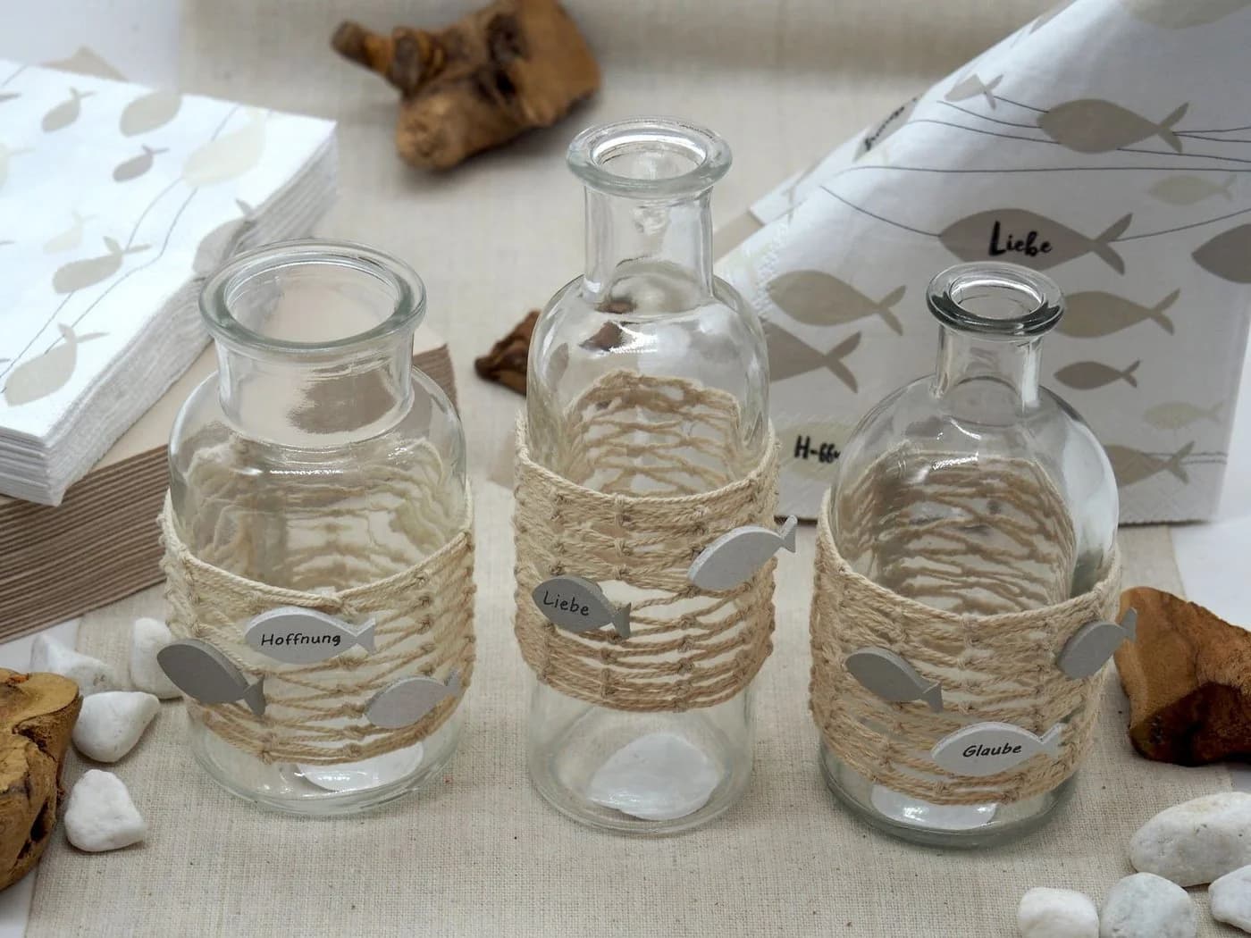 ZauberDeko Tischvase Set 3-tlg. Creme Glas Fisch Deko