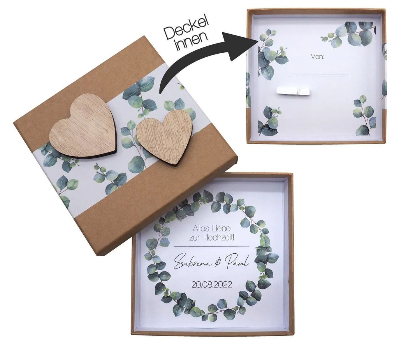 ZauberDeko Personalisierte Geldgeschenkbox Hochzeit Eukalyptus
