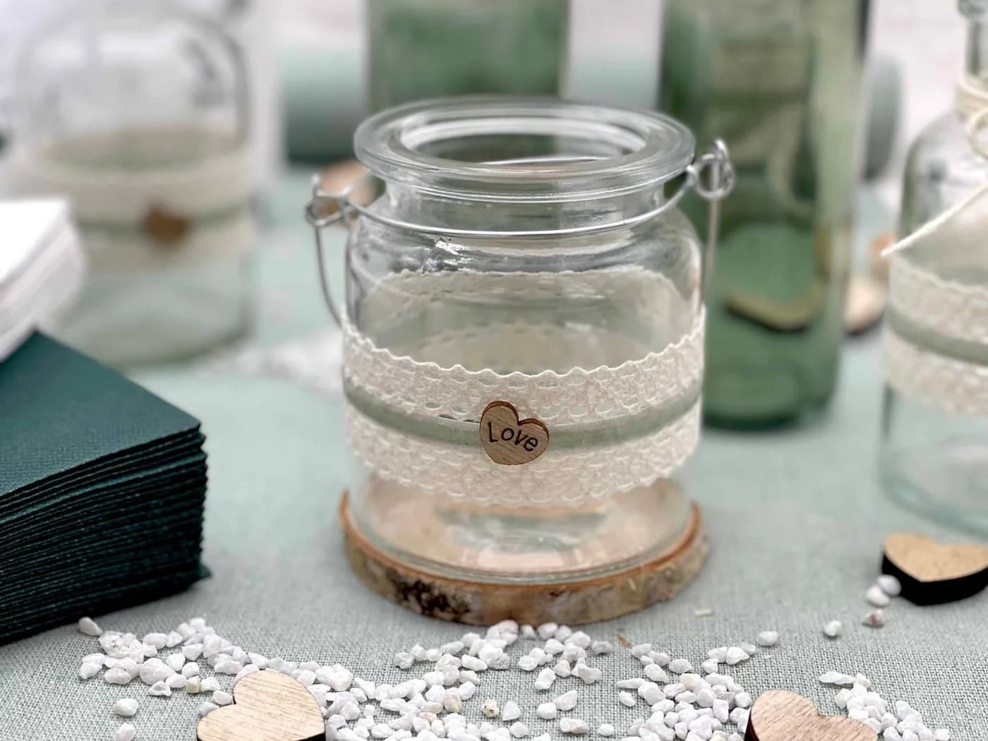 ZauberDeko Tischdeko Set Herz Salbei Eukalyptus Holz Creme Hochzeit 20 Personen