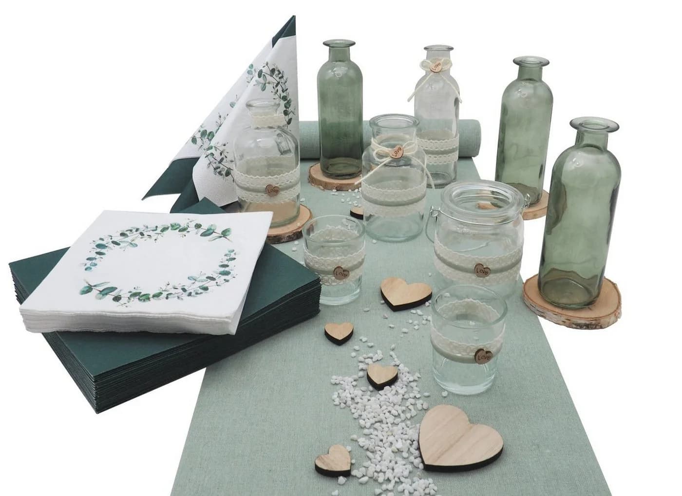 ZauberDeko Tischdeko Set Herz Salbei Eukalyptus Holz Creme Hochzeit 20 Personen - Bild 2