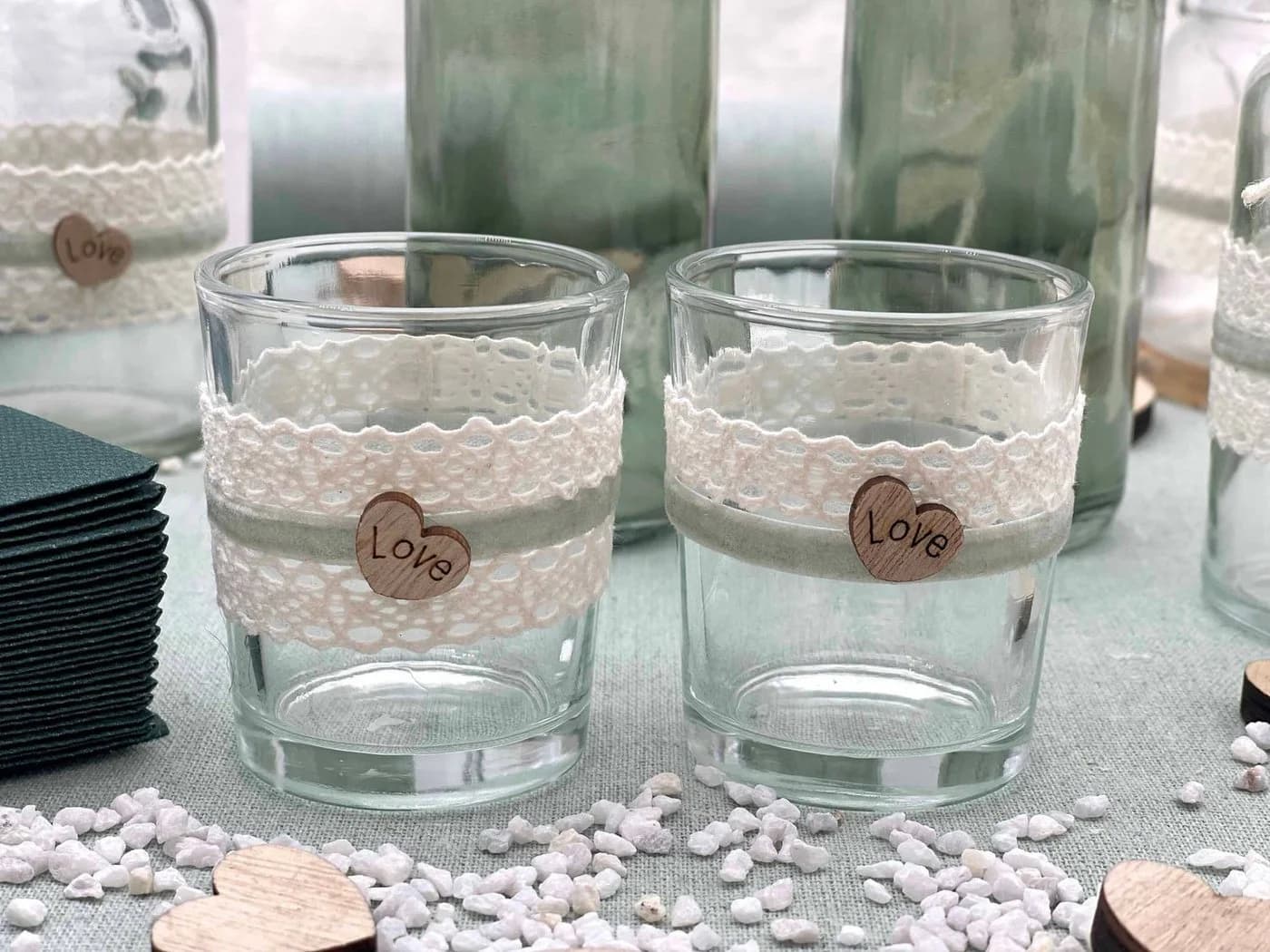 ZauberDeko Tischdeko Set Herz Salbei Eukalyptus Holz Creme Hochzeit 20 Personen - Bild 4