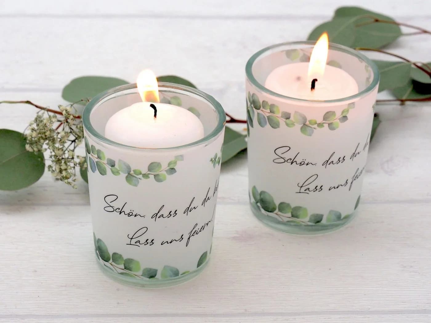 ZauberDeko Teelichthalter Windlicht Eukalyptus SET 2 Stück mit Spruch