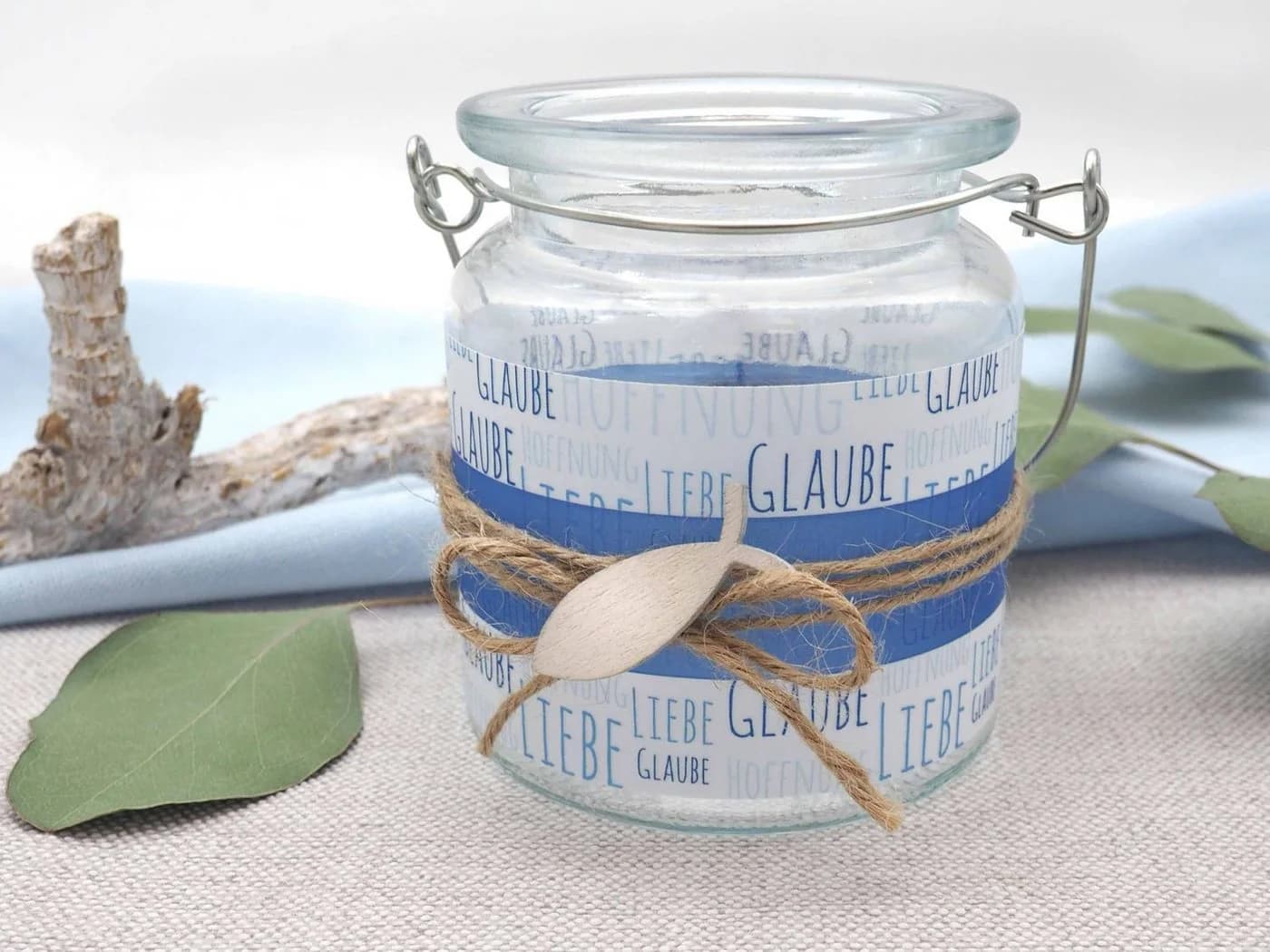 ZauberDeko Windlicht Glaube Liebe Hoffnung Dunkelblau Fisch 9cm 2 Stk
