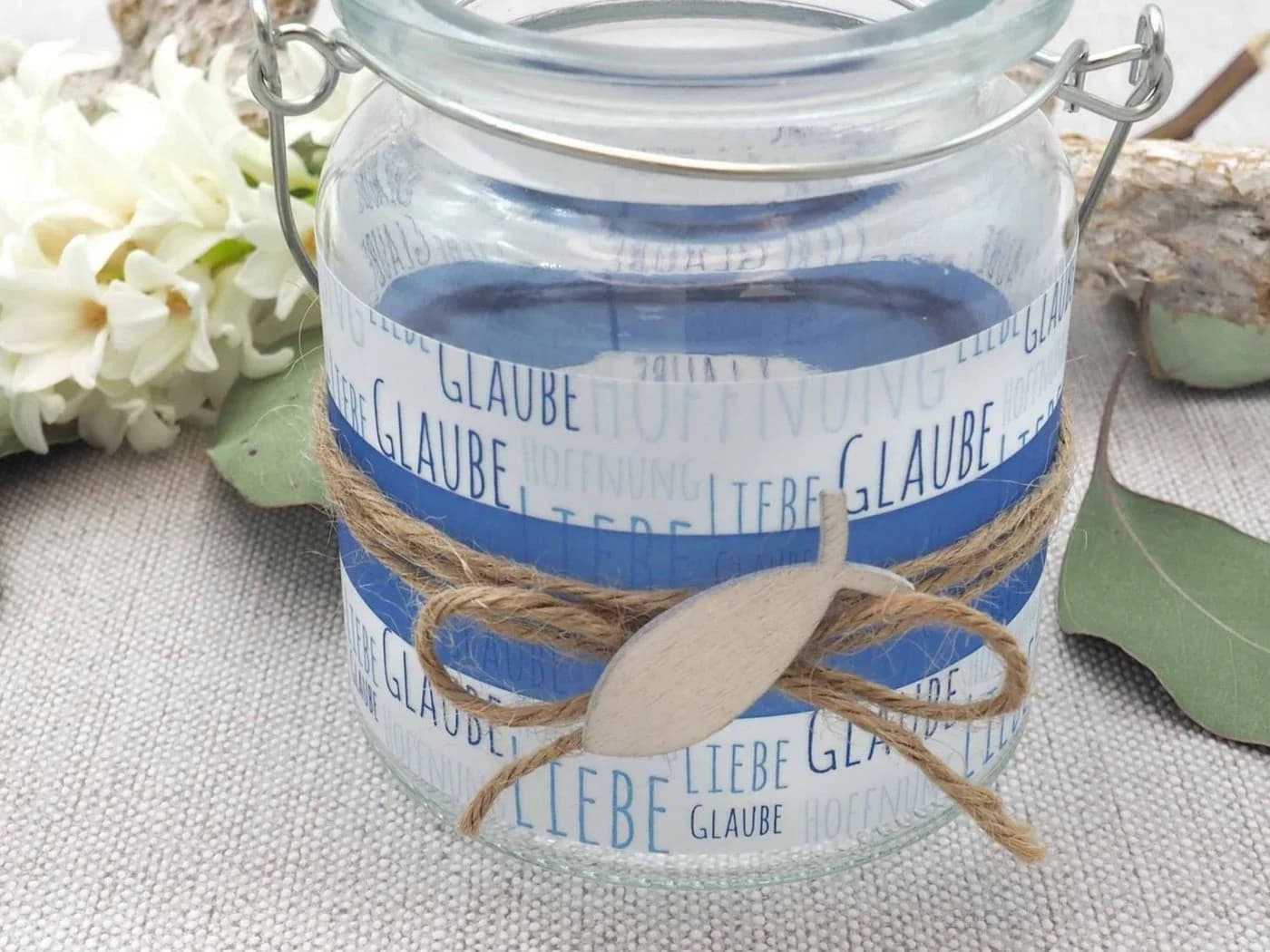 ZauberDeko Windlicht Glaube Liebe Hoffnung Dunkelblau Fisch 9cm 2 Stk - Bild 5