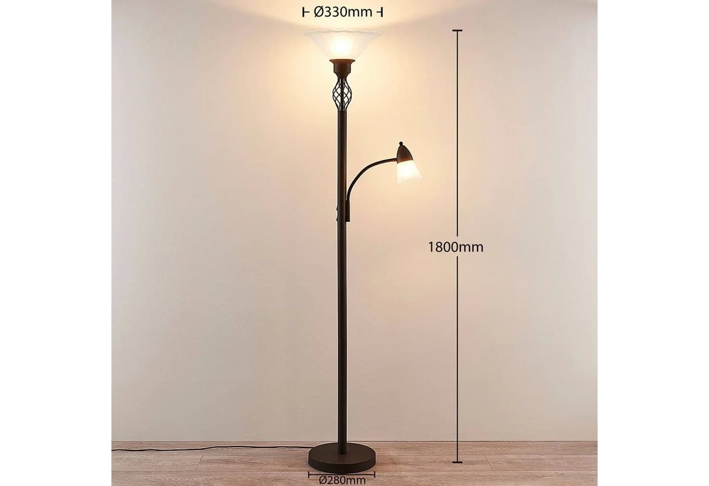 Lucande Stehlampe Dunja, Metall, Braun, Landhausstil, Leselampe - Bild 4