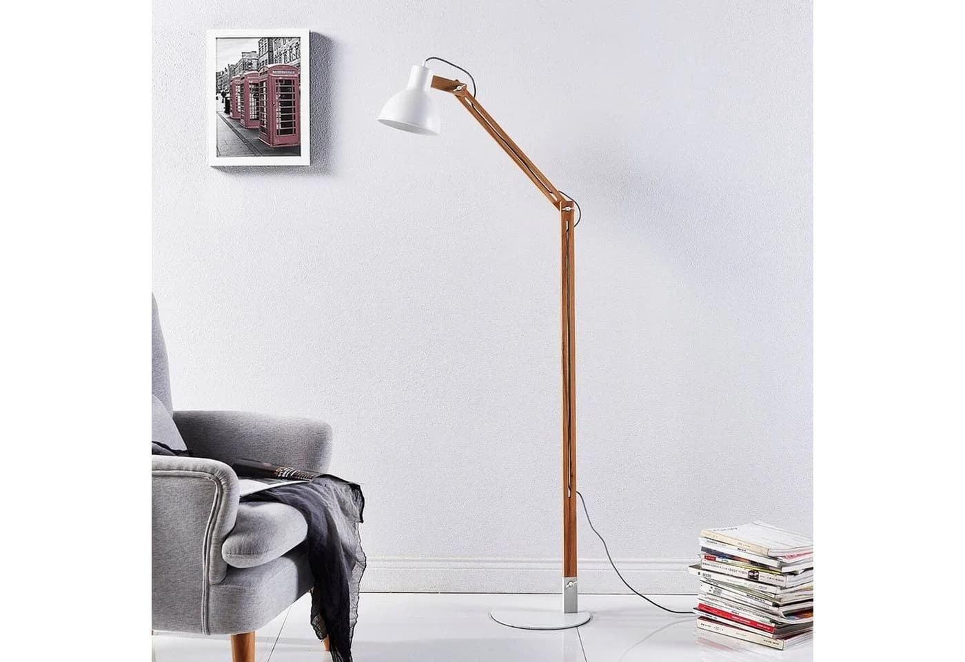 Lindby Stehlampe Shivanja Weiß Holz Metall IP20 1x60W - Bild 3