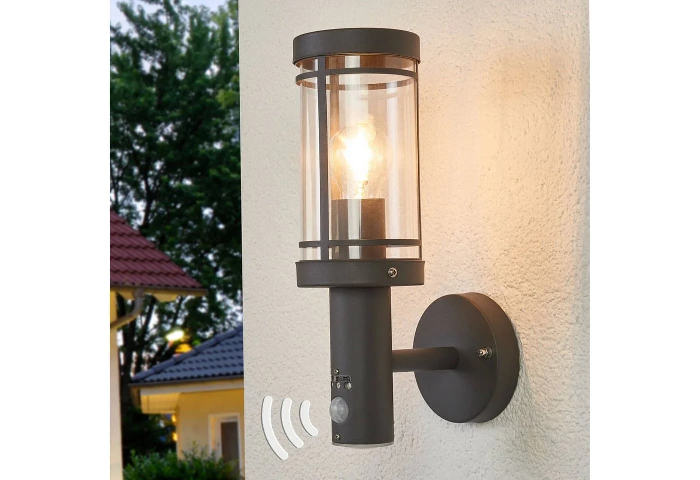 Lindby Außenwandlampe Djori Sensor Anthrazit Edelstahl Bewegungsmelder