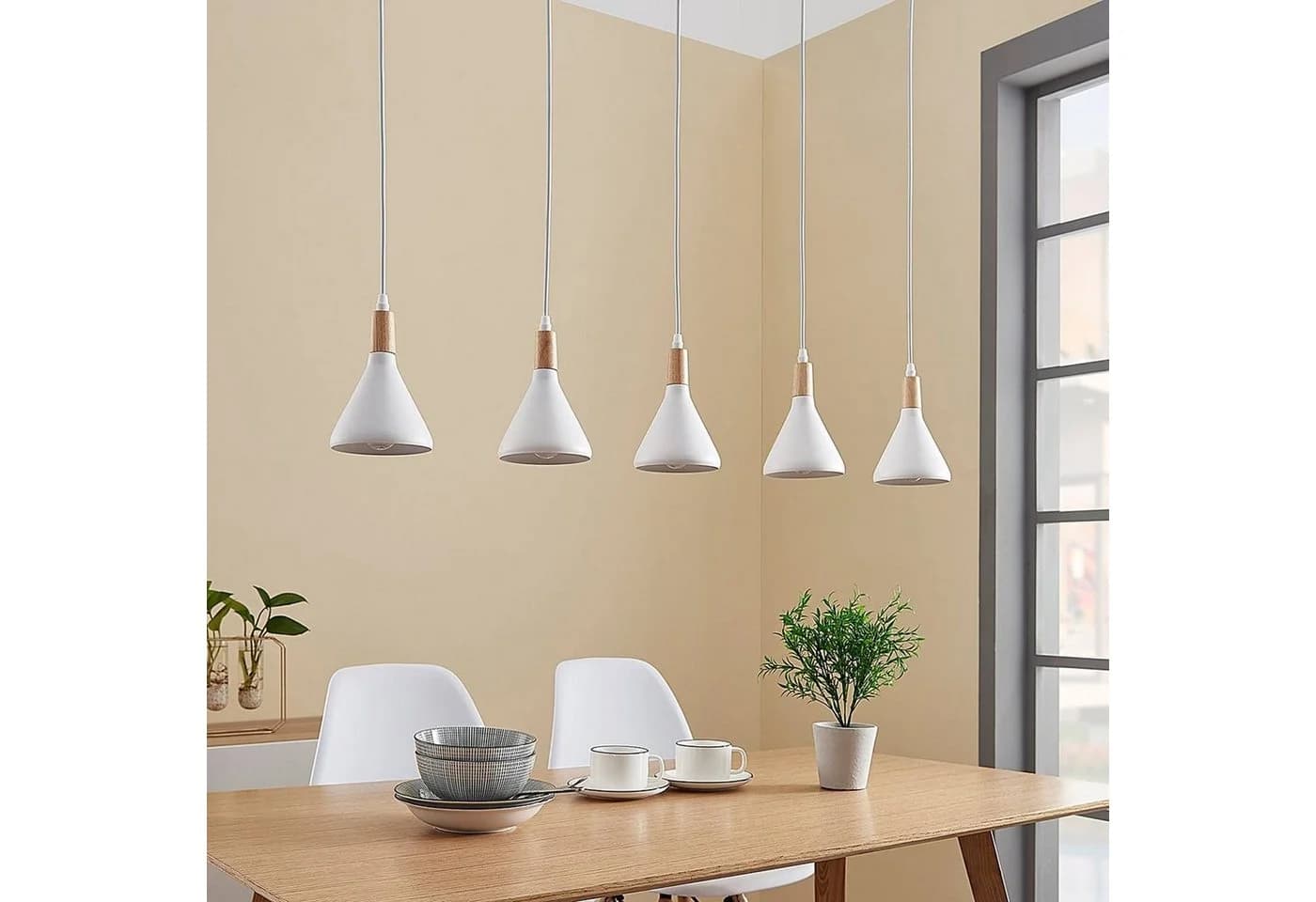 Lindby Hängeleuchte Arina Weiß Metall Holz IP20 5x10W LED - Bild 3