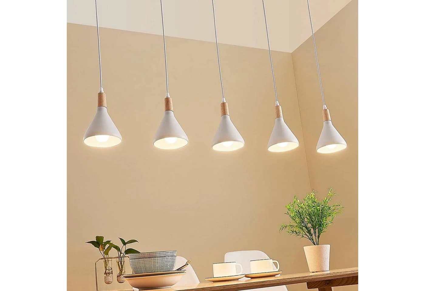 Lindby Hängeleuchte Arina Weiß Metall Holz IP20 5x10W LED - Bild 5