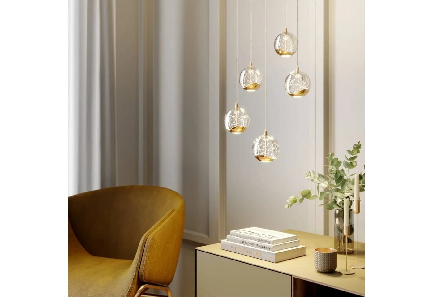 Lucande Hängeleuchte Hayley 5x5W LED Glaskugeln Metalldekor Gold - Bild 3