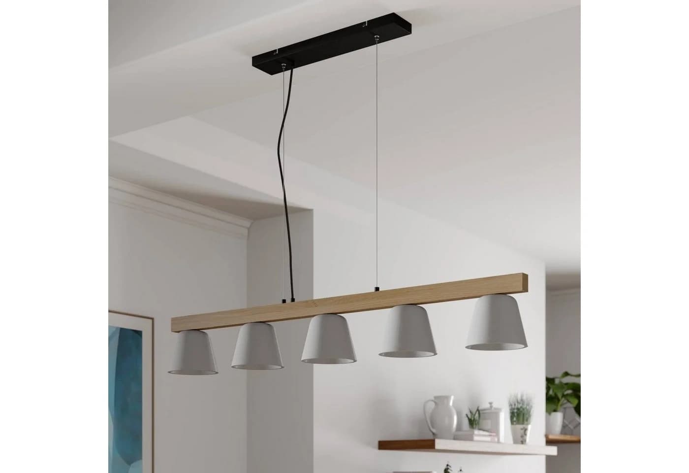 Lucande Hängeleuchte Kalinda Grau Beton Eichenholz 5 x 40 W - Bild 4