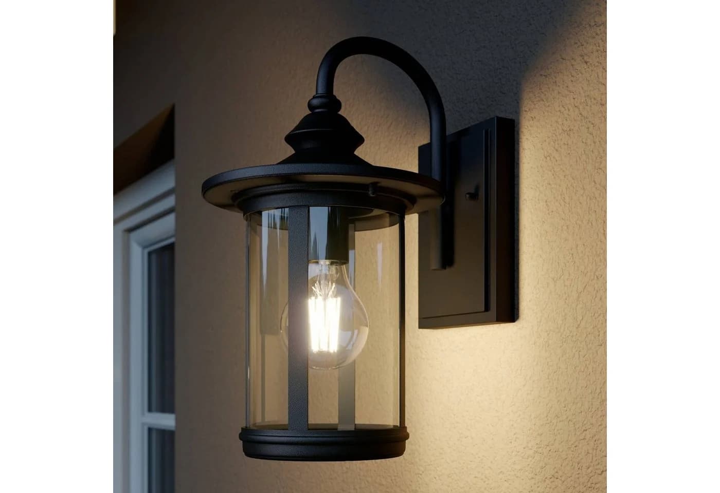 Lindby Außenwandleuchte Zayn, Schwarz, Glas, Laternenform