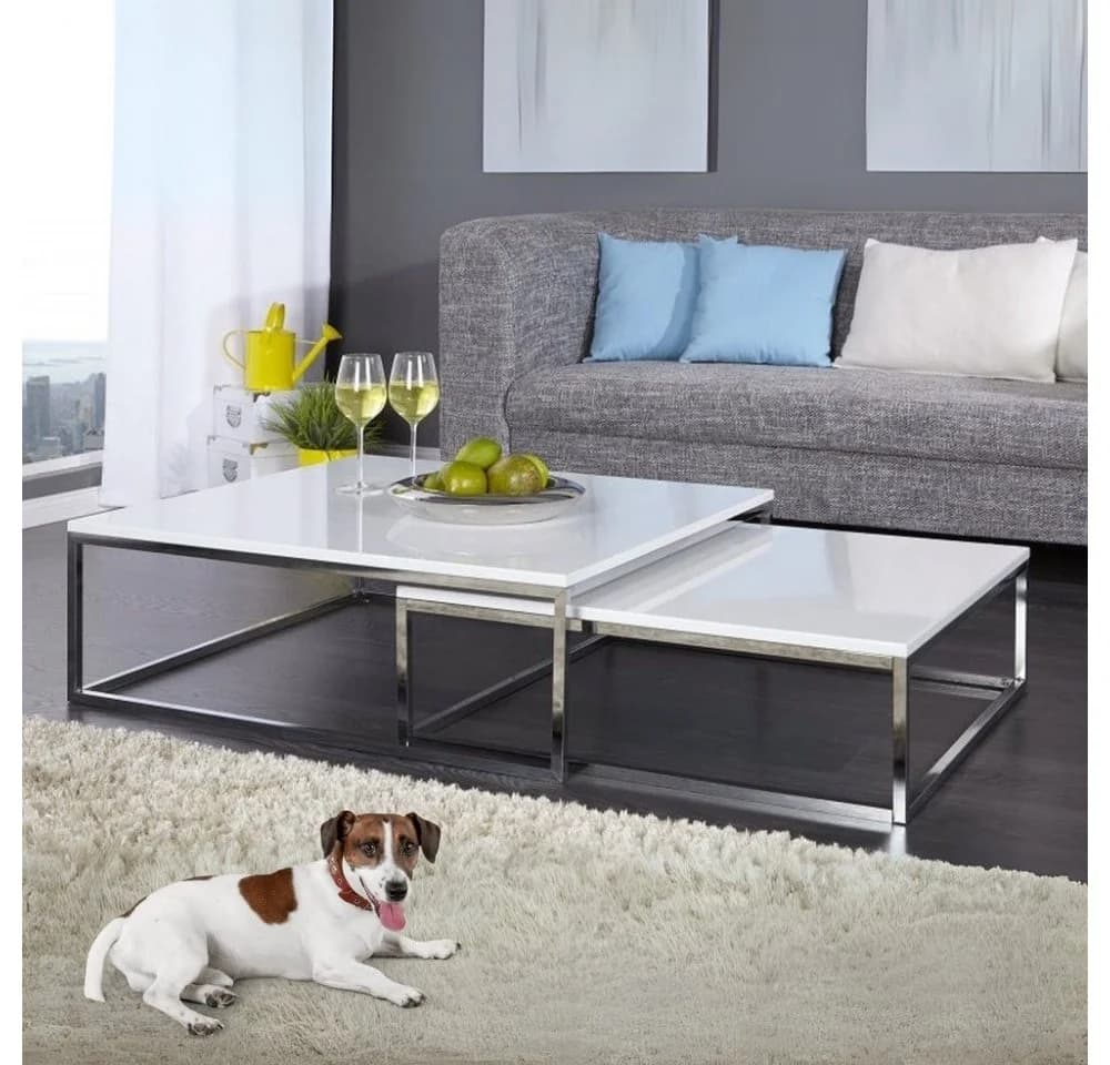 LebensWohnArt Couchtisch 2er Set MENTO Weiss Hochglanz Edelstahl - Bild 2