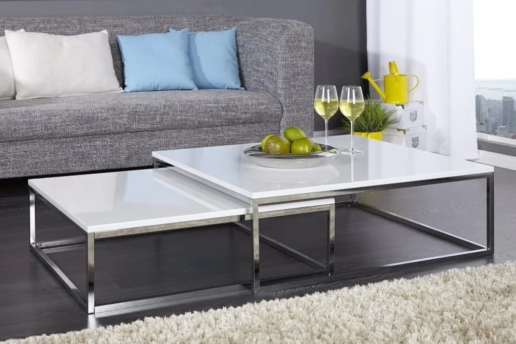 LebensWohnArt Couchtisch 2er Set MENTO Weiss Hochglanz Edelstahl - Bild 3