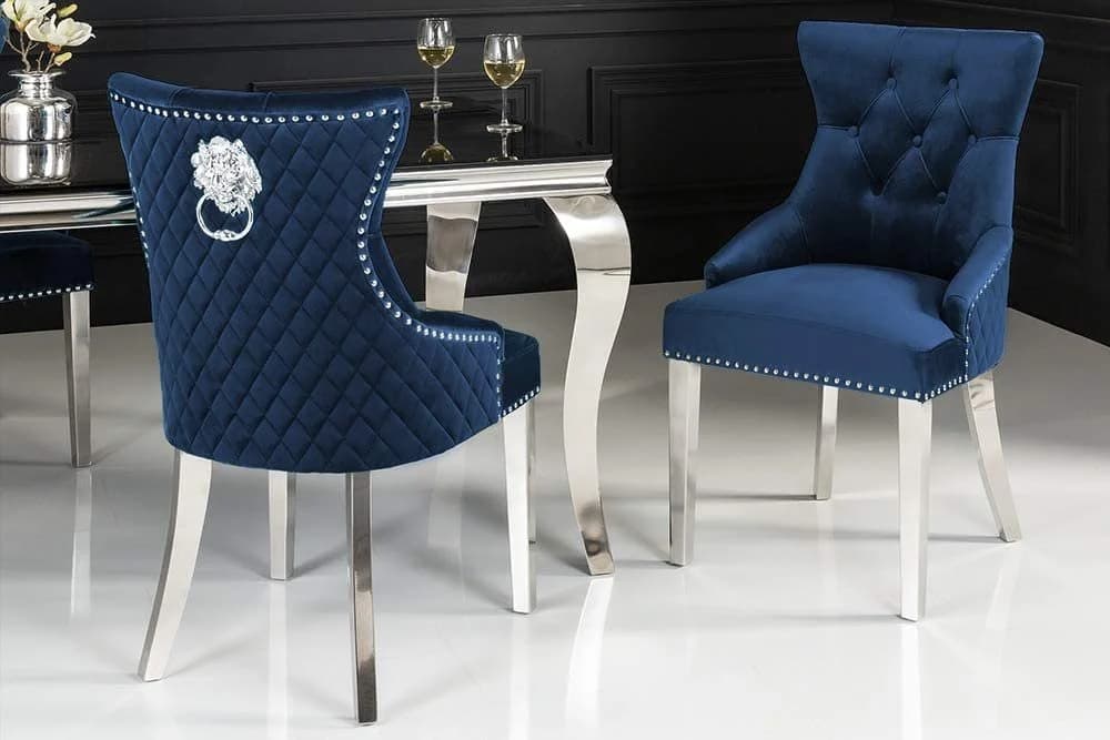 LebensWohnArt Stuhl LEON Samt blau mit Löwenkopf-Griff Chesterfield