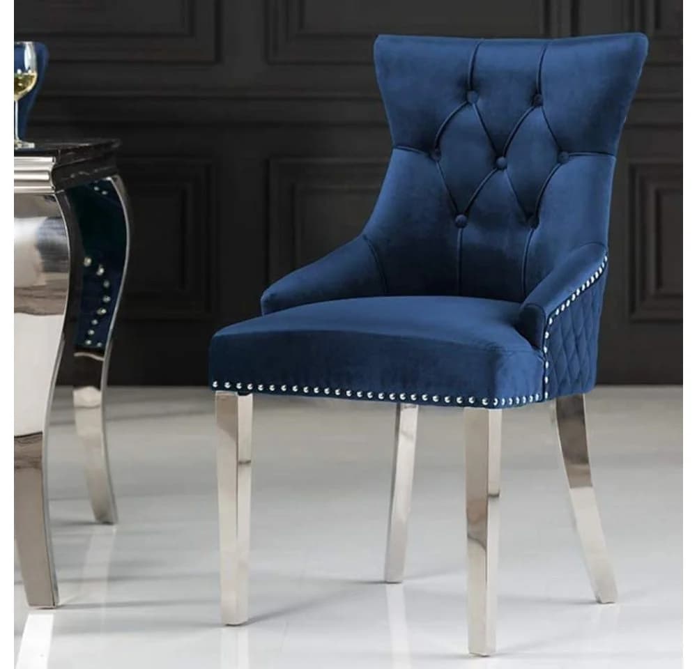 LebensWohnArt Stuhl LEON Samt blau mit Löwenkopf-Griff Chesterfield - Bild 2
