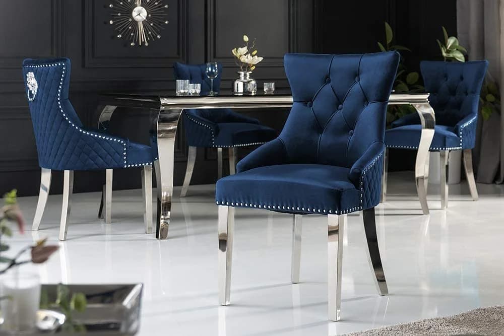 LebensWohnArt Stuhl LEON Samt blau mit Löwenkopf-Griff Chesterfield - Bild 4