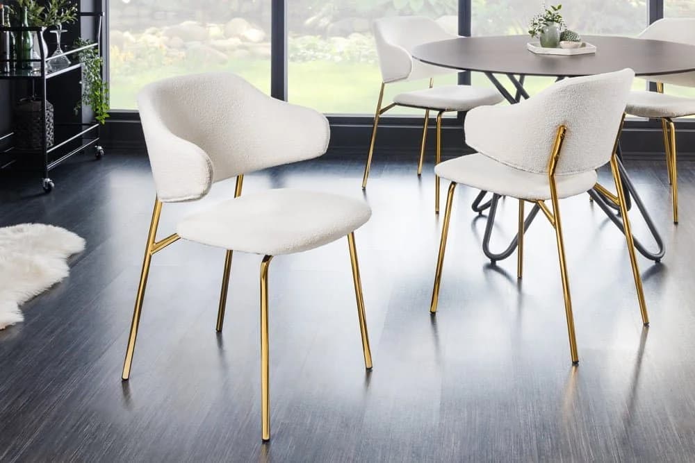 LebensWohnArt Stuhl MODA Weiss Bouclé Goldene Metallbeine Modern